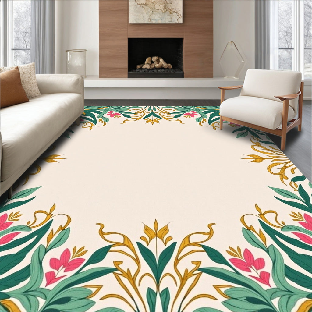 Elegant Floral Whimsical Border Design Rug
