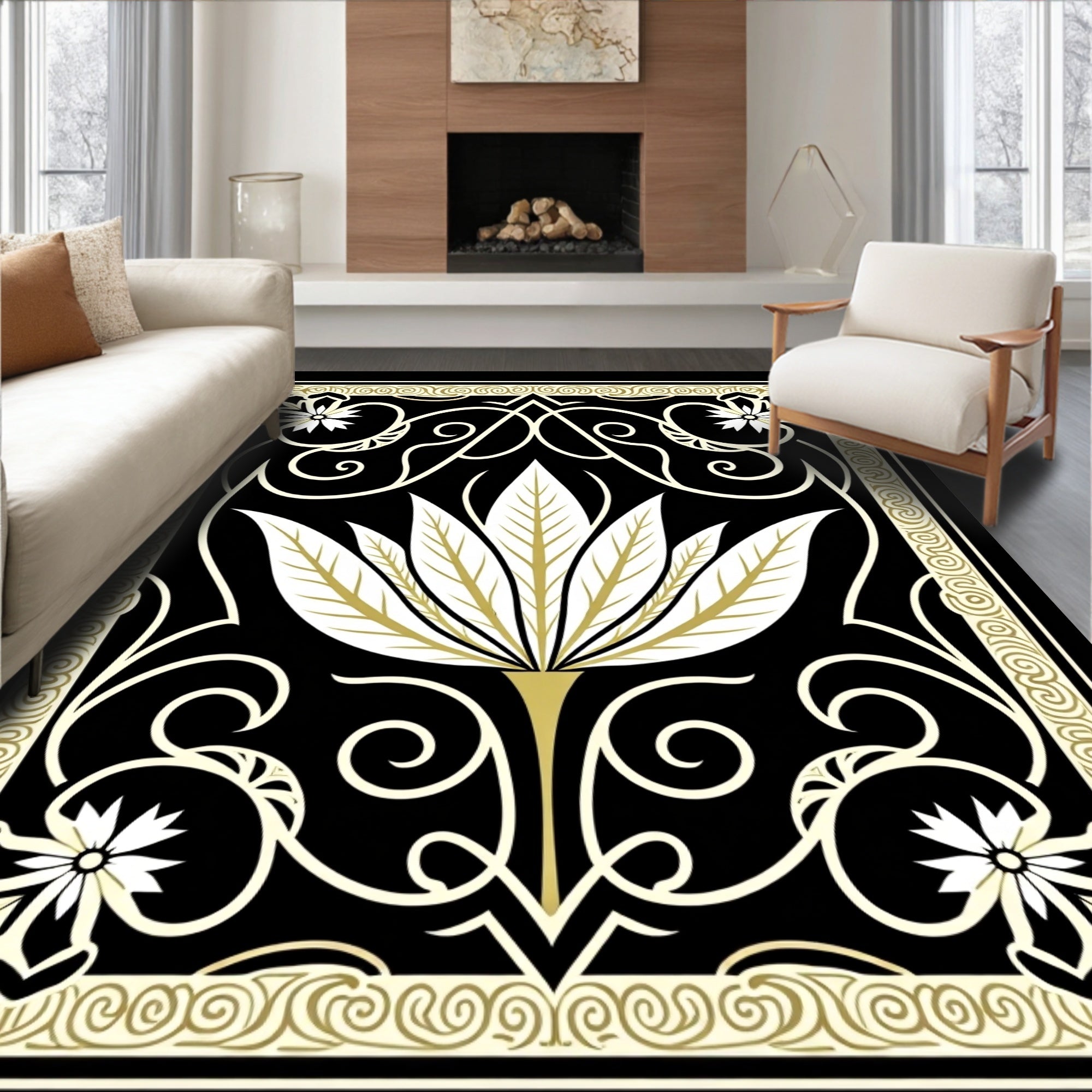 Ornate Gilded Floral Scrollwork Design Rug