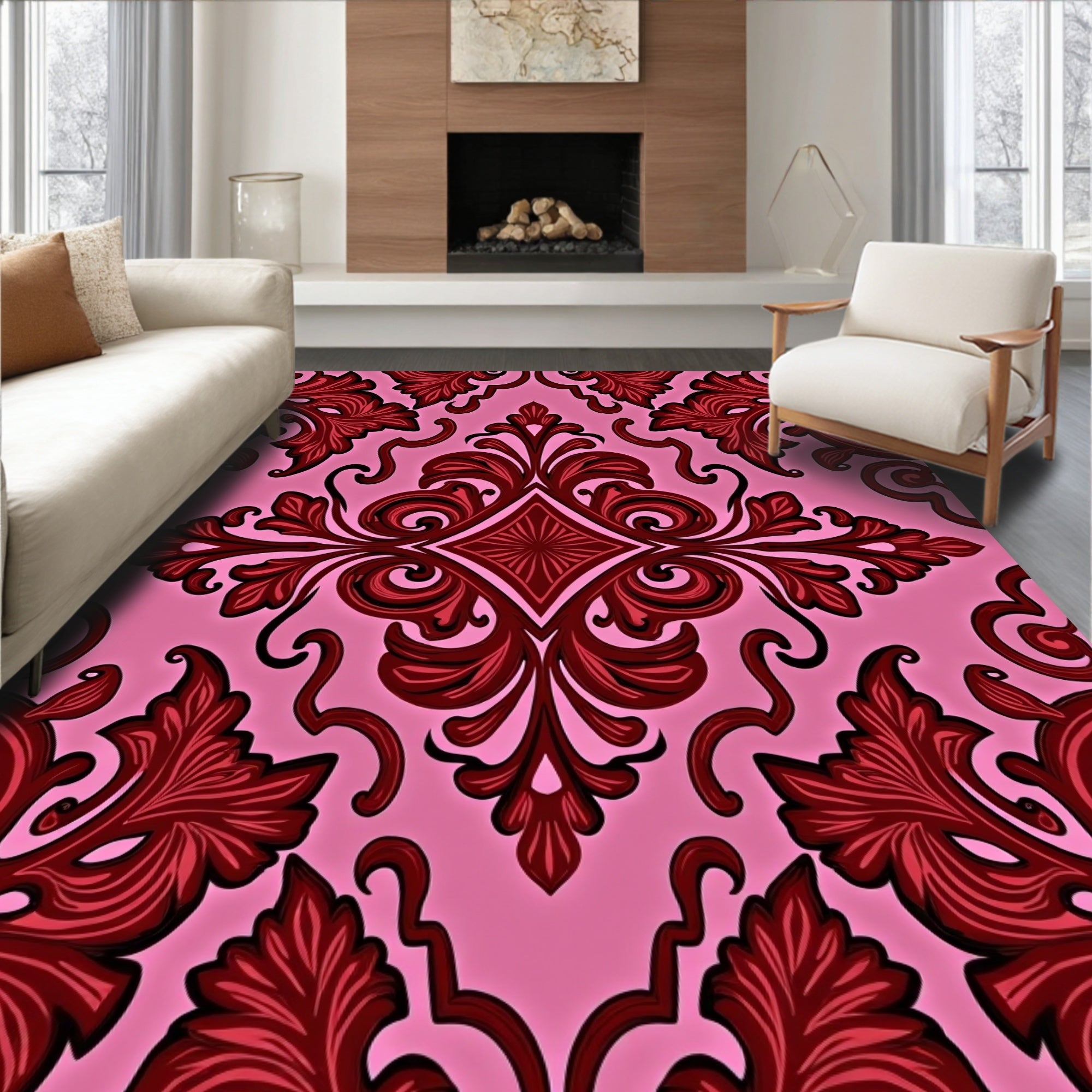 Elegant Pink Red Scroll Pattern Rug