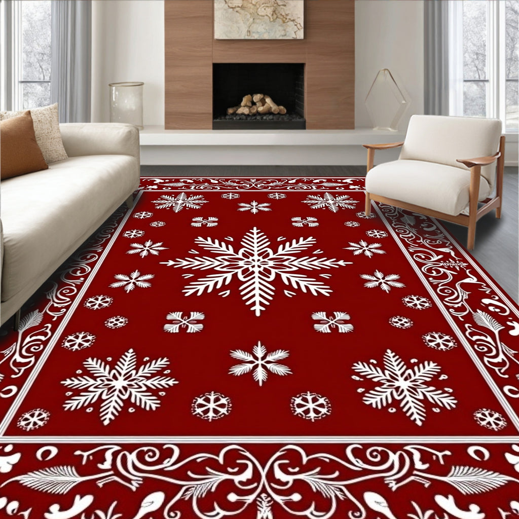 Crimson Snowflake Flourish Pattern Rug