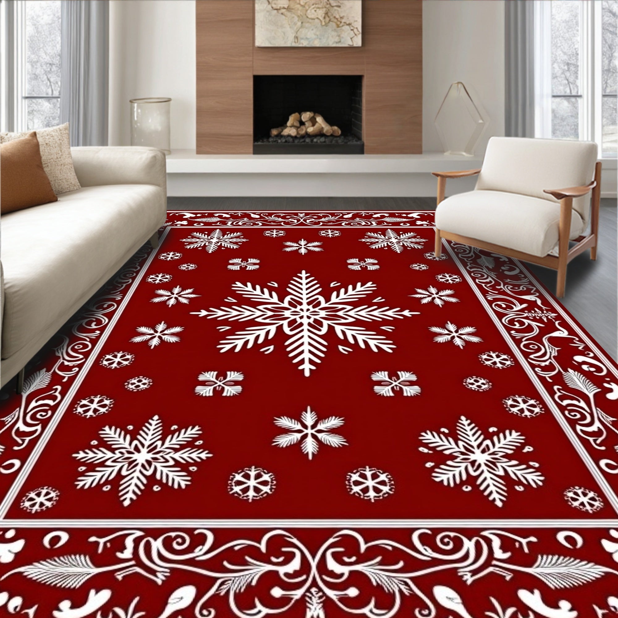 Crimson Snowflake Flourish Pattern Rug