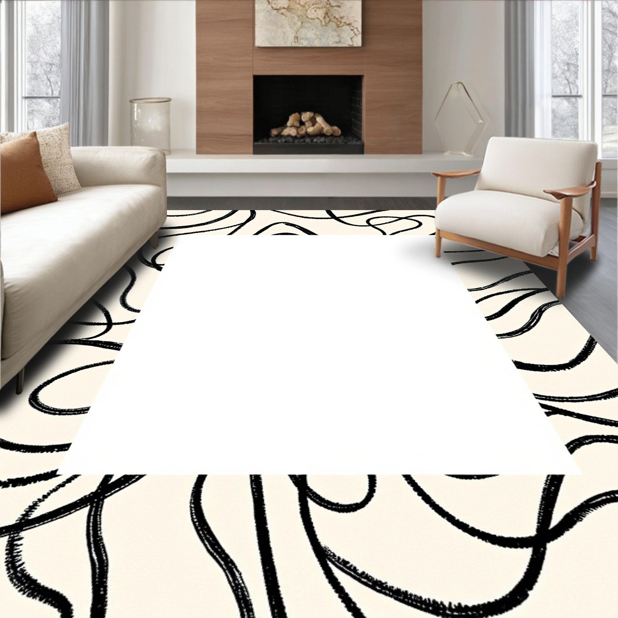 Abstract Black Wavy Line Design Rug