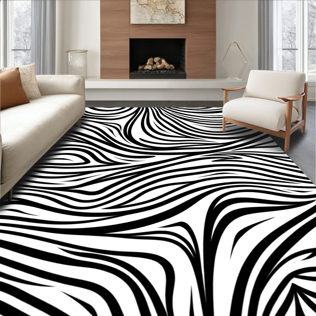 Bold Abstract Black White Waves Rug