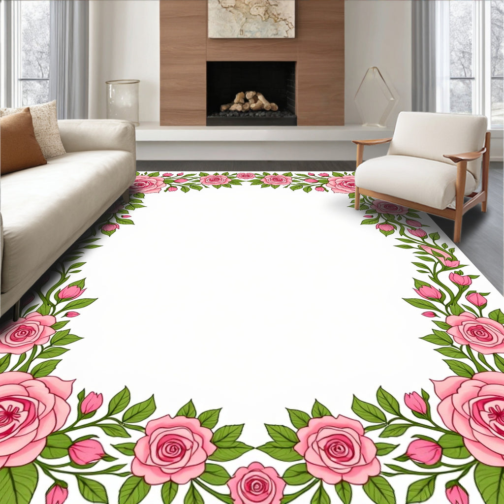 Pink Rose Garland Floral Border Rug