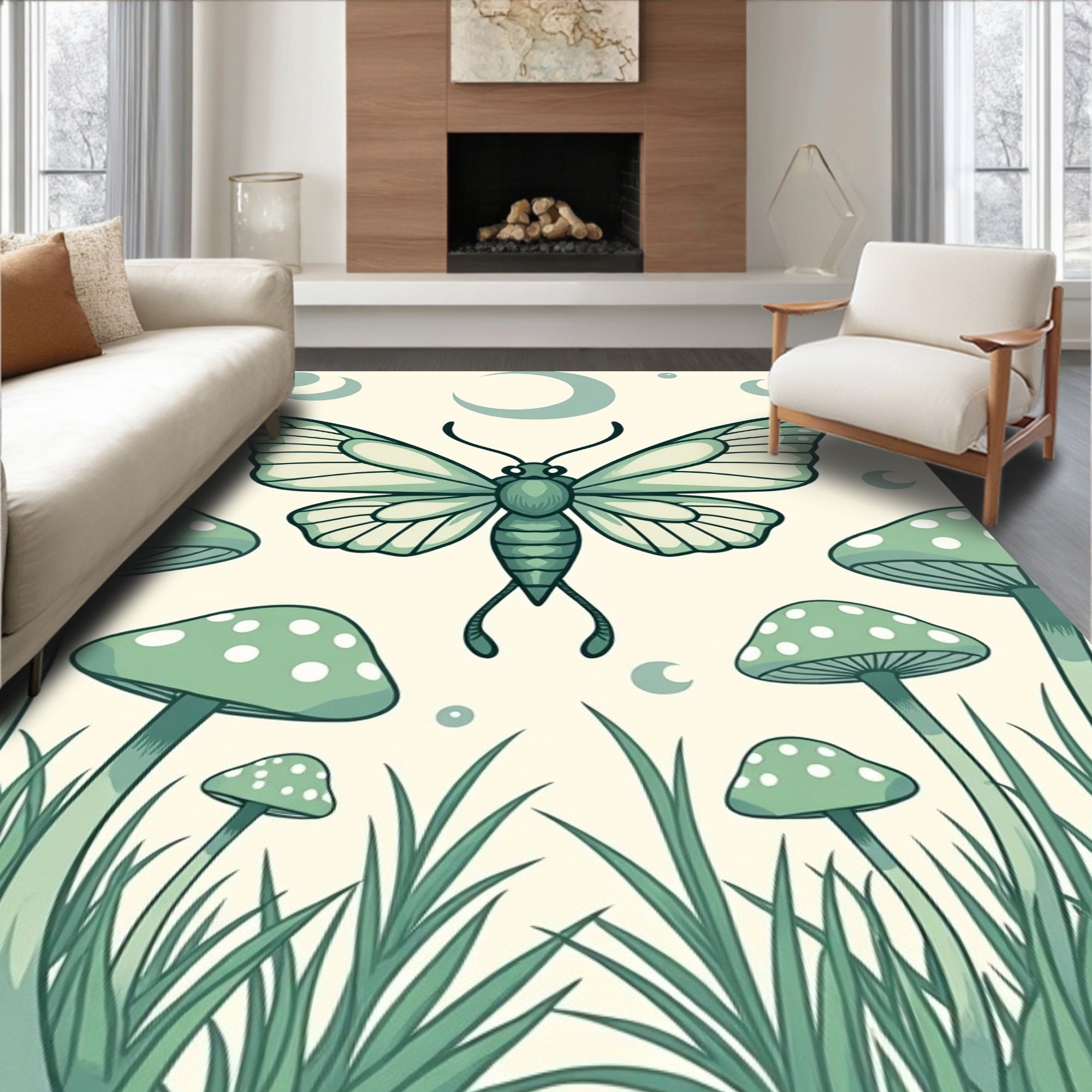 Magical Moth and Mushroom Garden Art Rug