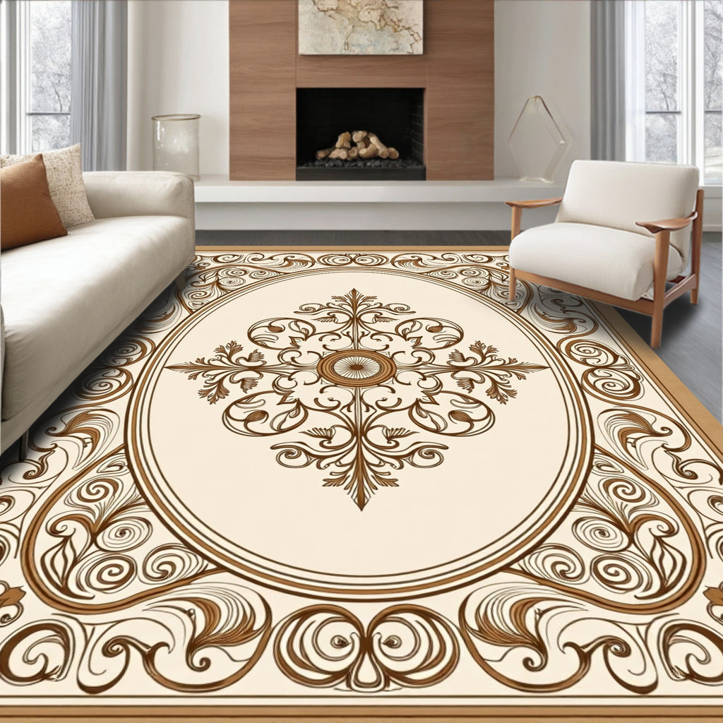 Elegant Brown Scrollwork Oval Mandala Design Rug