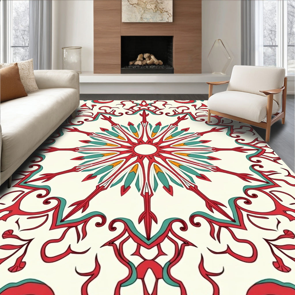 Red Teal Sunburst Mandala Design Rug