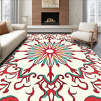 Red Teal Sunburst Mandala Design Rug