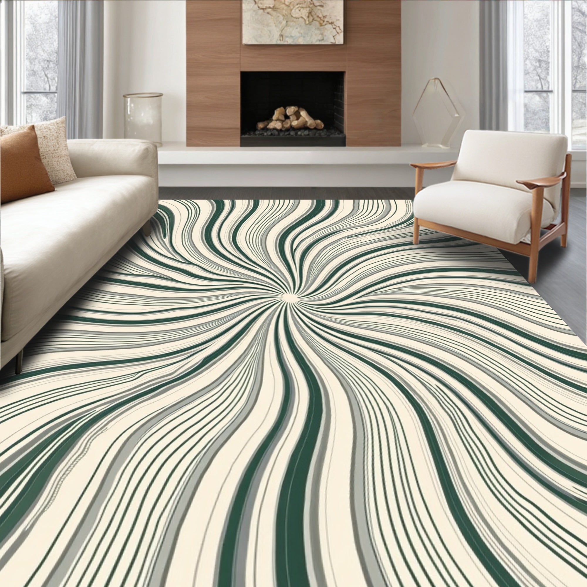 Radiating Swirl Pattern Striped Rug