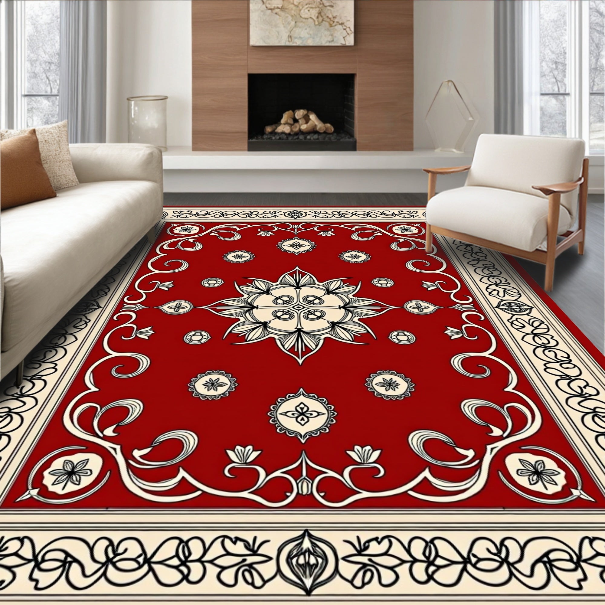 Red Floral Scrollwork Intricate Design Rug