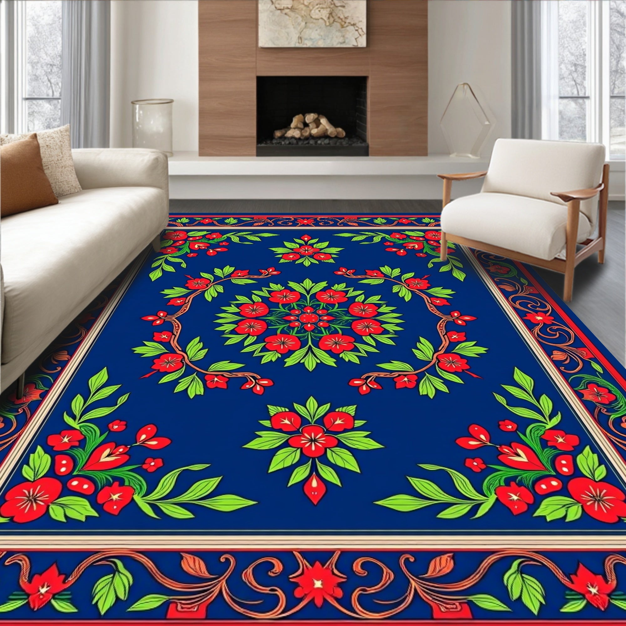 Floral Swirl Red Blue Art Rug