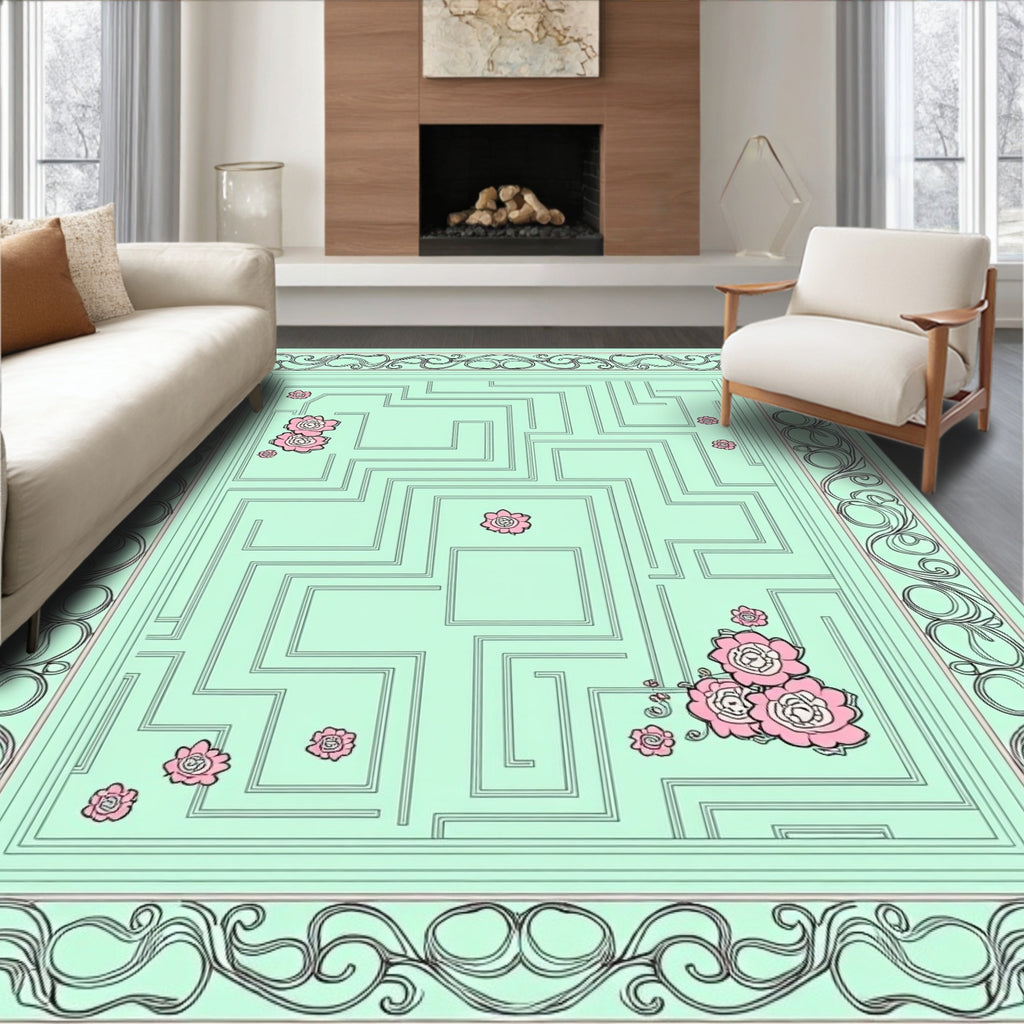 Light Blue Maze With Pink Flowers Rug