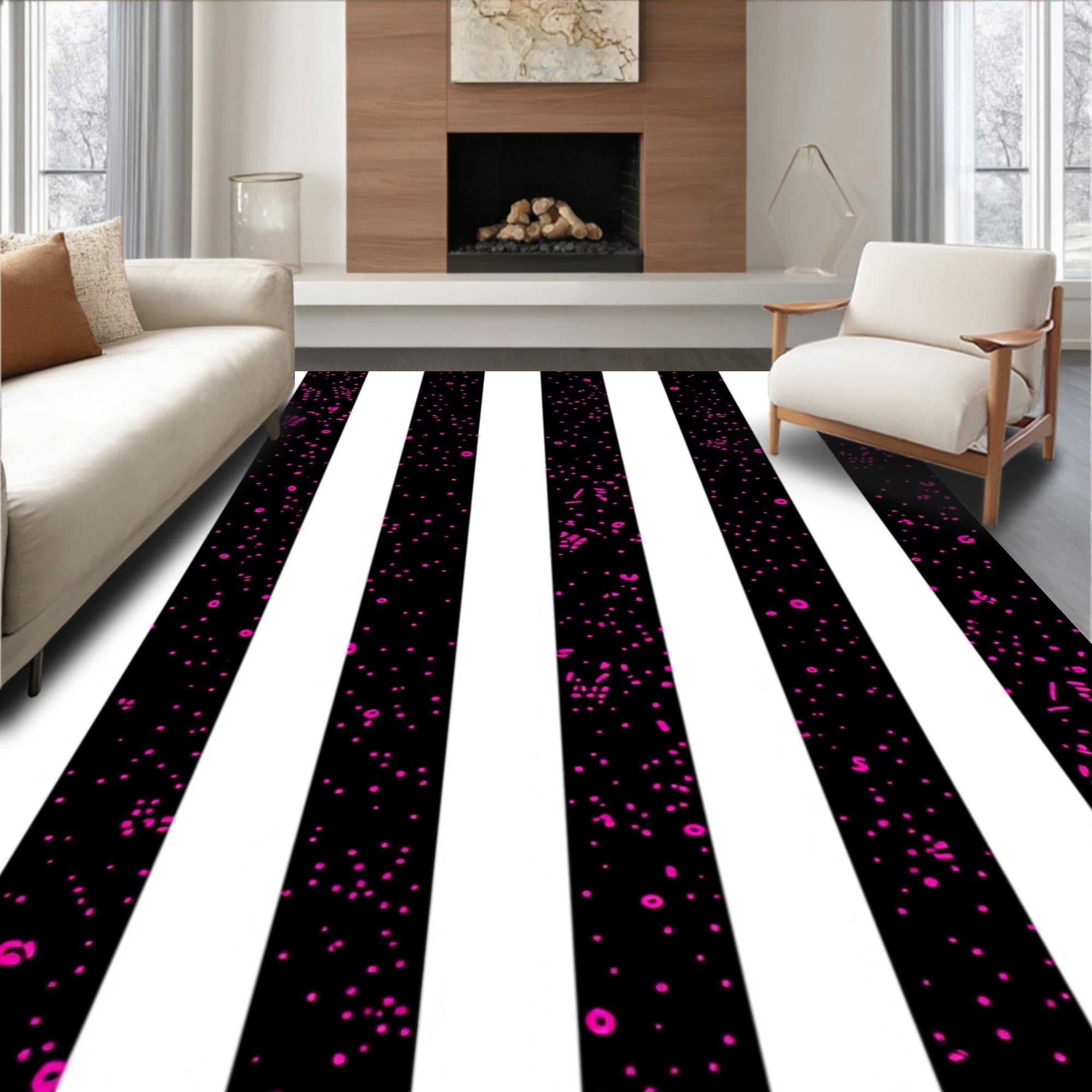 Bold Vertical Lines Pink Dots Design Rug