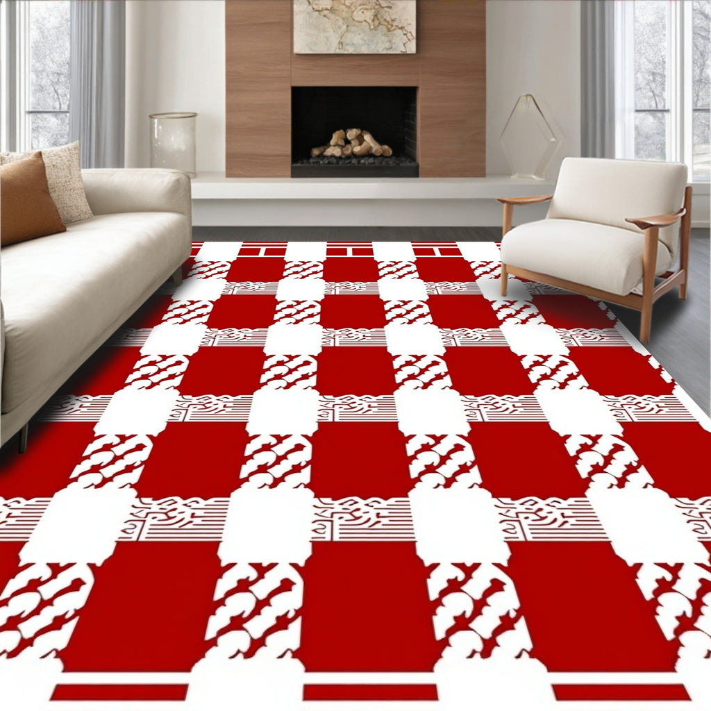 Checkerboard Red White Graphic Pattern Rug