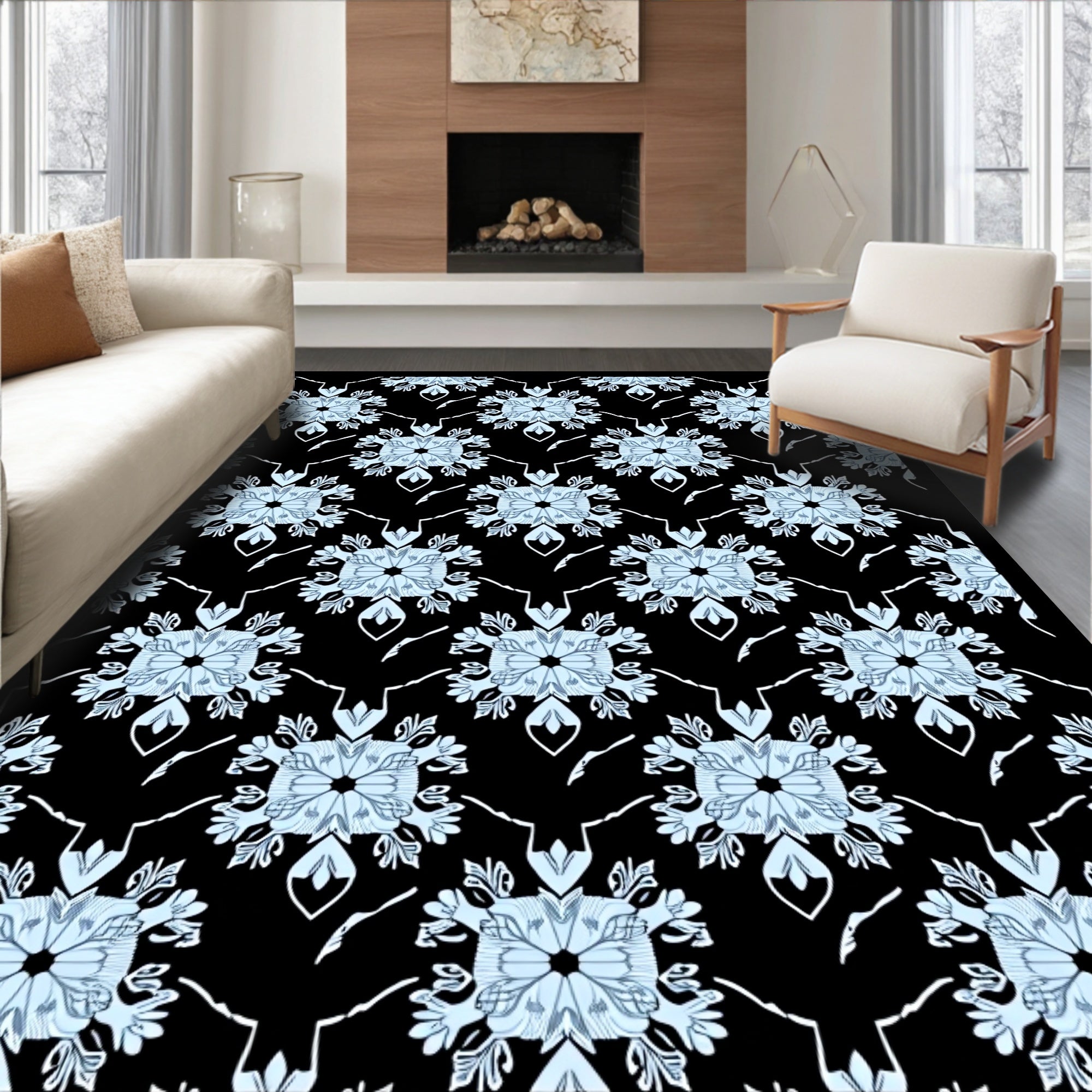 Ice Blue Floral Square Inlay Rug