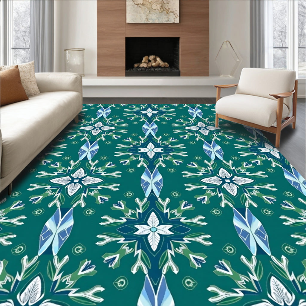 Teal White Blue Floral Medallion Rug