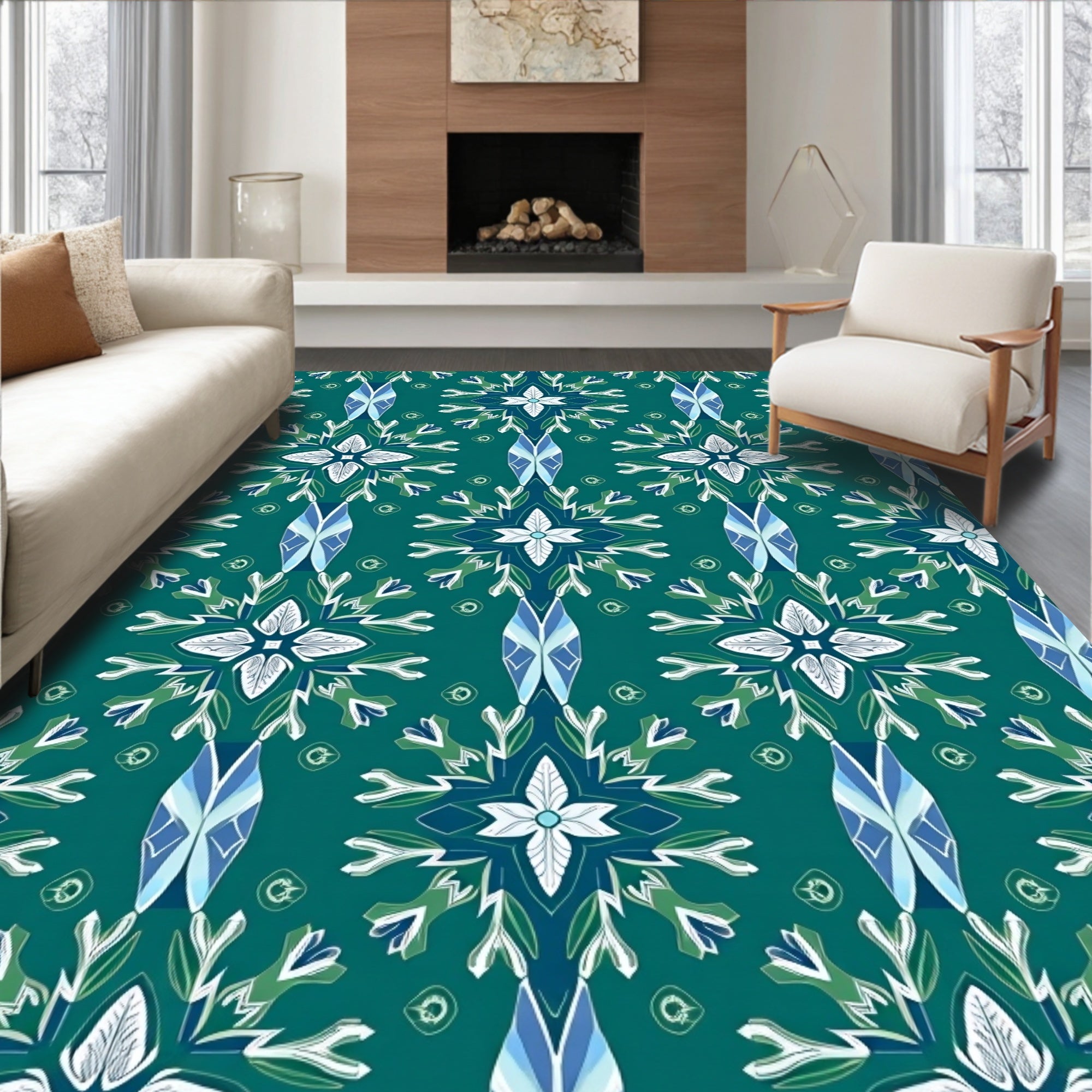 Teal White Blue Floral Medallion Rug