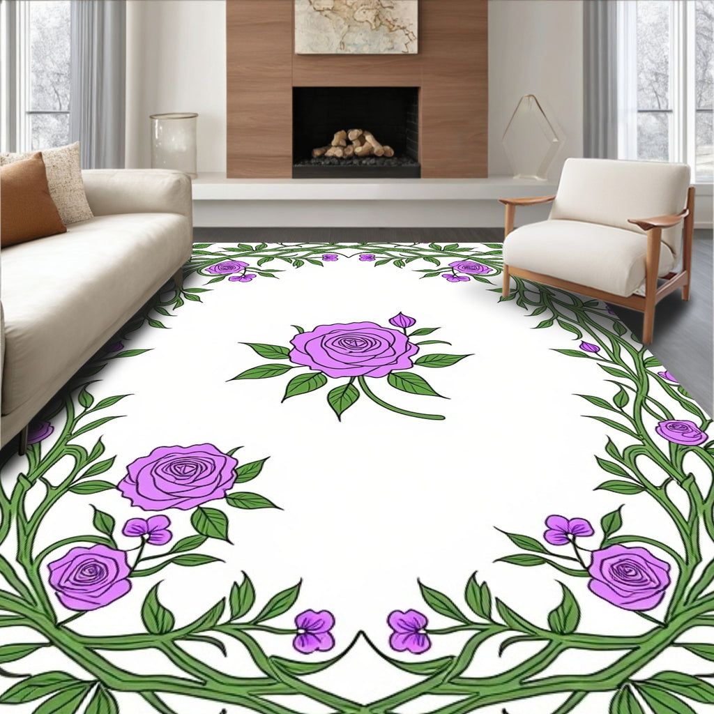 Floral Vine With Purple Roses Design Rug