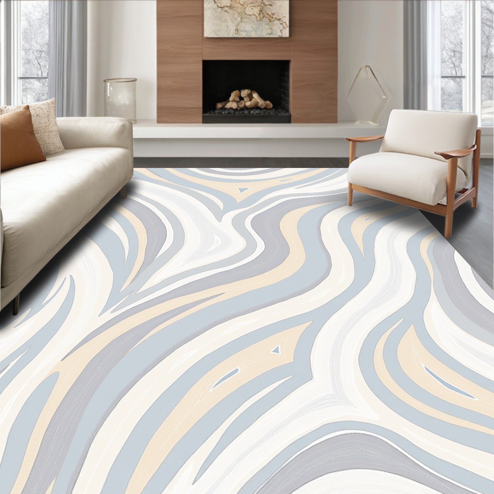 Cool Toned Wavy Line Art Rug