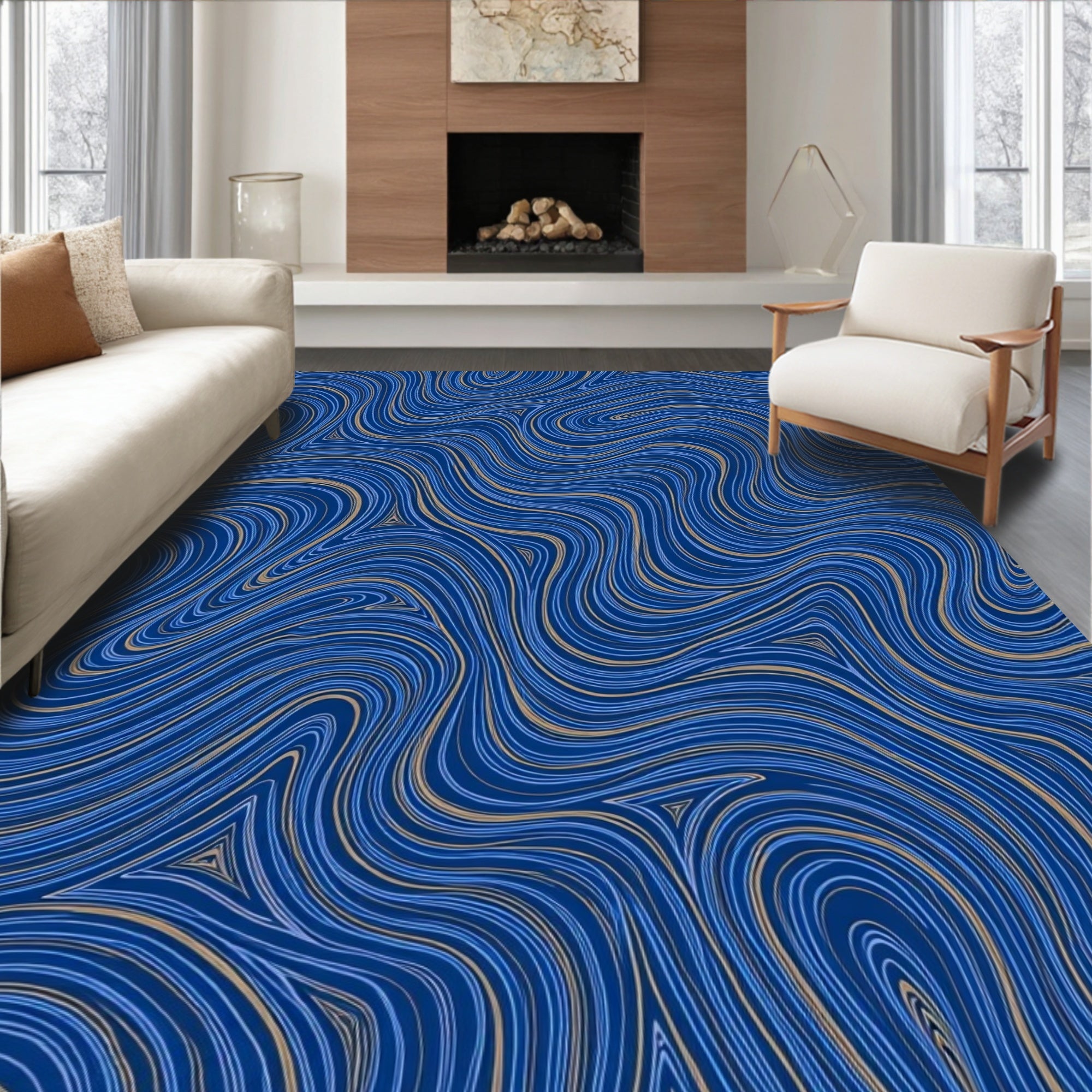 Deep Blue Wavy Line Art Rug