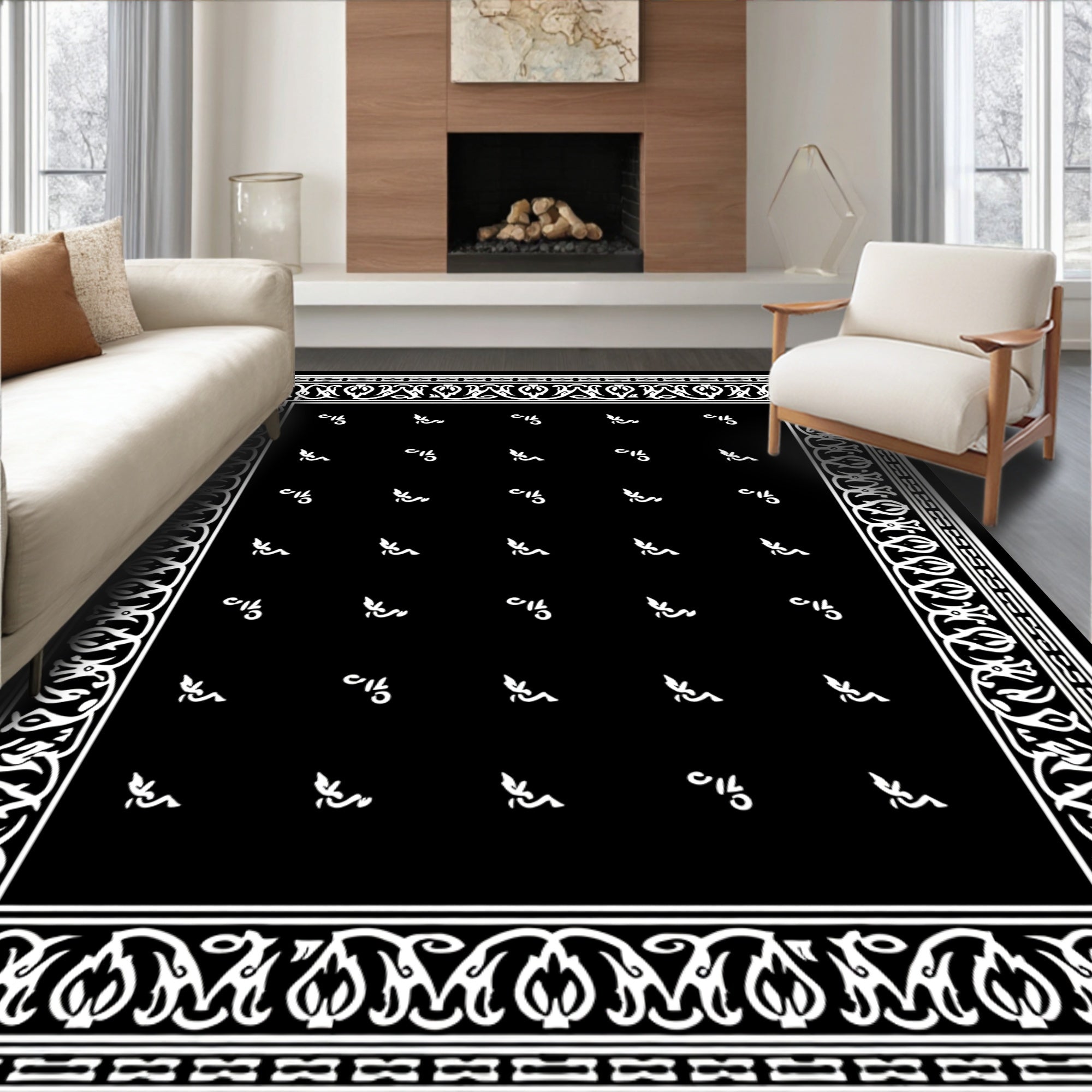 Black White Ornate Paisley Bandana Rug