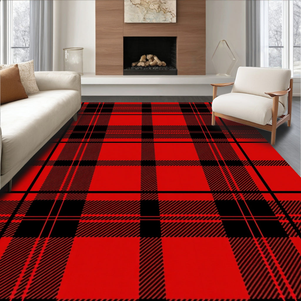 Classic Red Black Plaid Pattern Rug