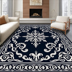 Dark Blue White Ornate Scroll Rug
