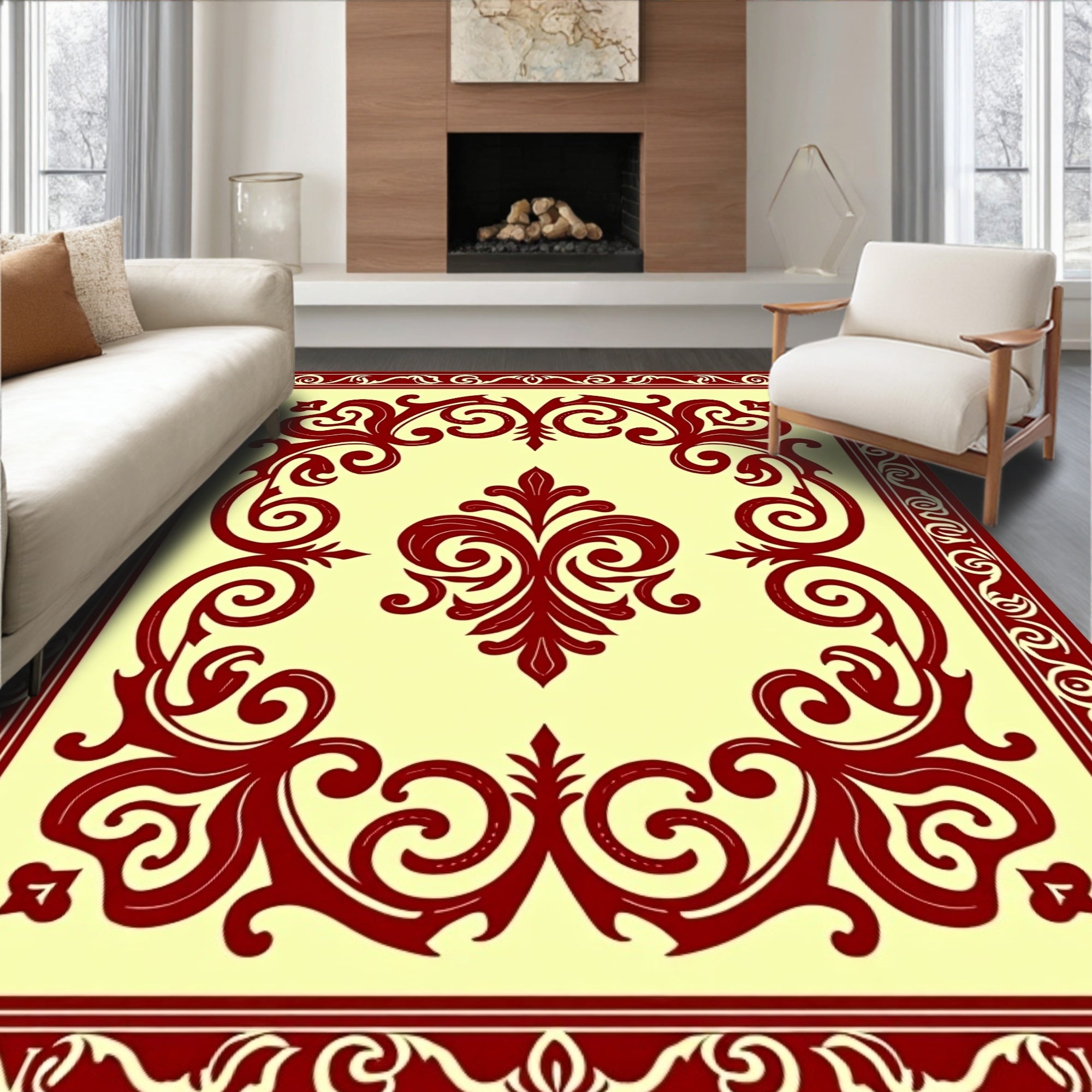 Ornate Red Cream Filigree Design Rug