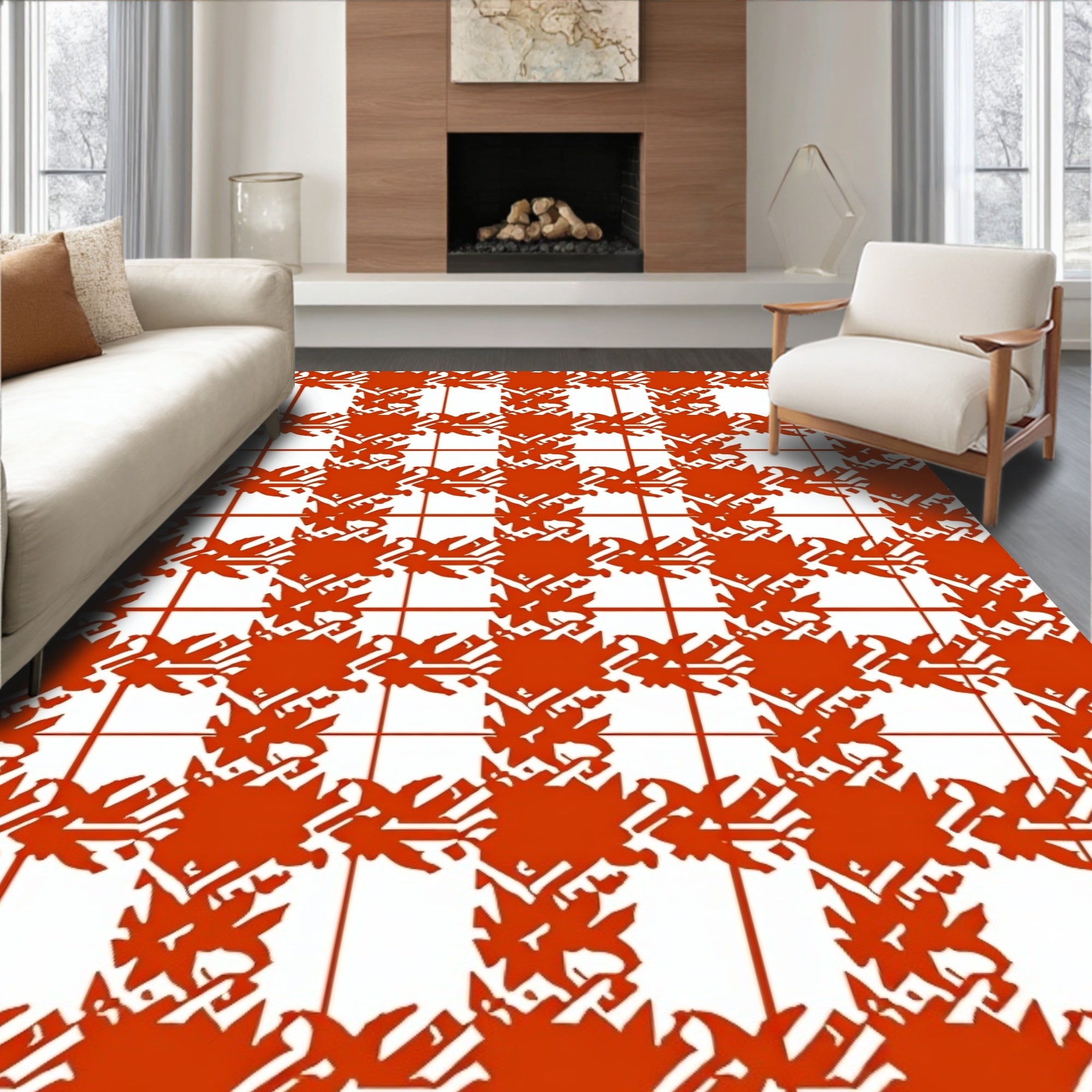 Abstract Red Houndstooth Plaid Pattern Rug