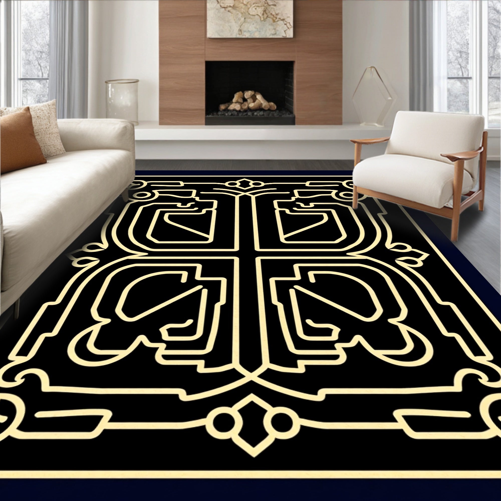 Detailed Line Art Geometric Ornament Design Rug