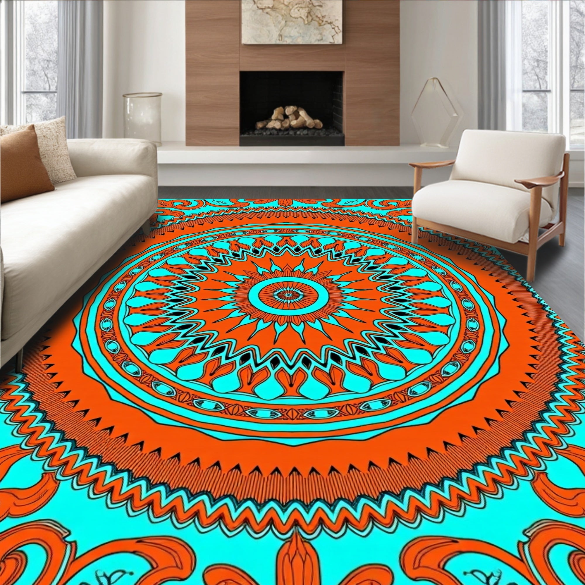 Vibrant Orange Teal Mandala Pattern Rug