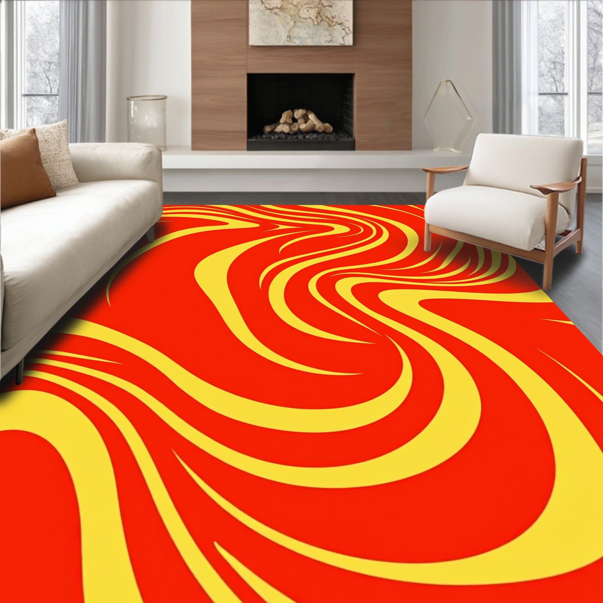 Crimson Yellow Flowing Swirls Pattern Rug