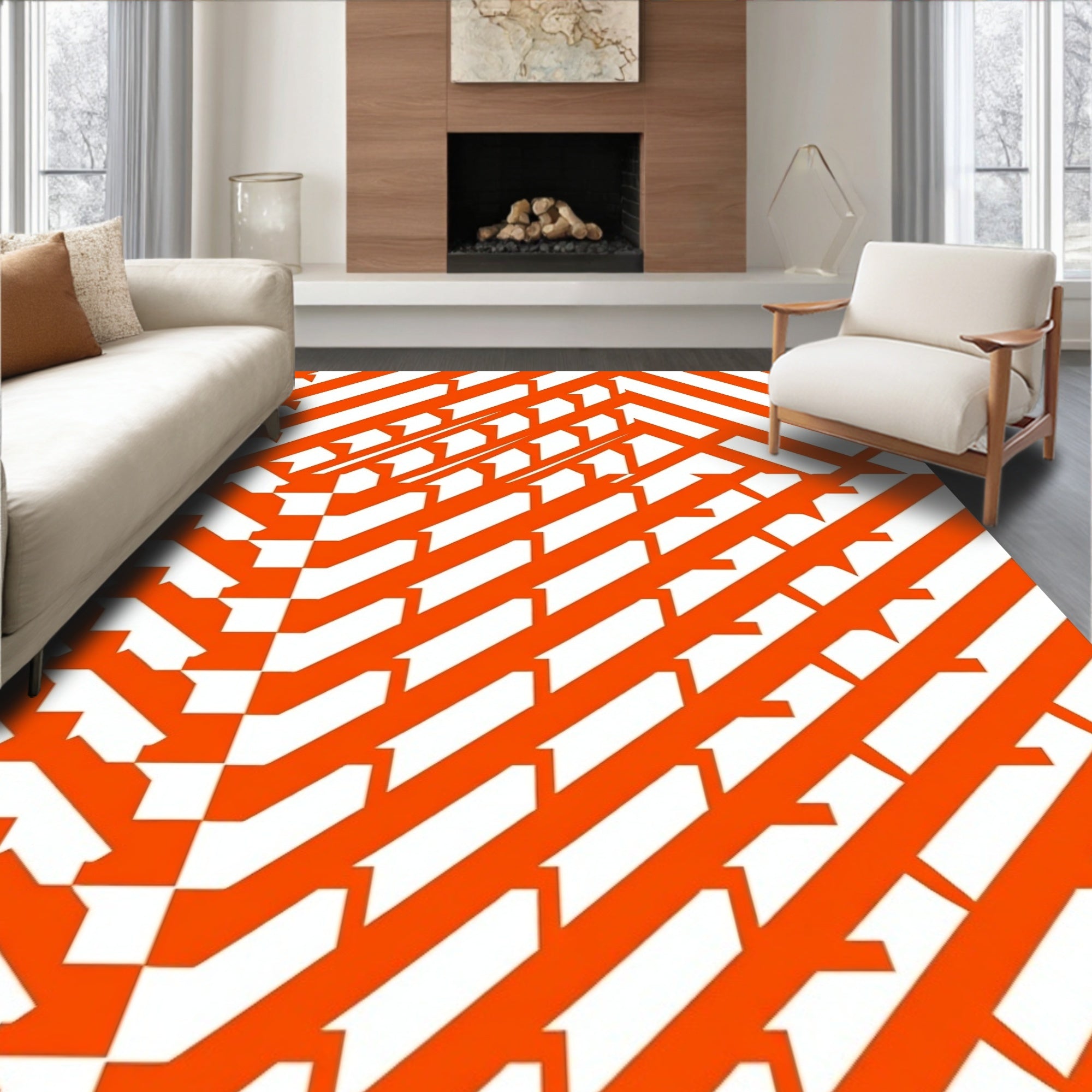 Orange White Geometric Illusion Rug
