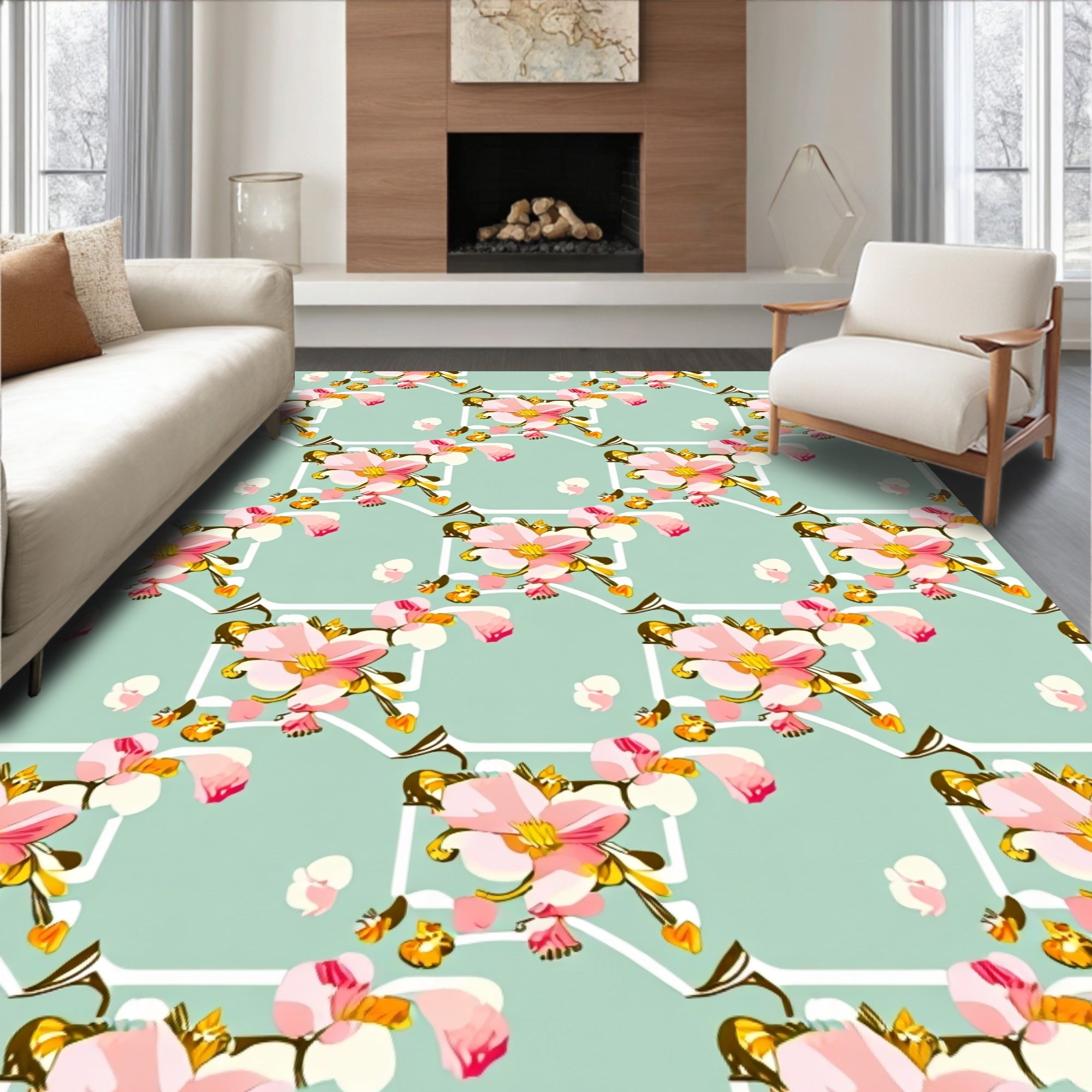 Floral Geometric Pattern with Pink Blossoms Rug