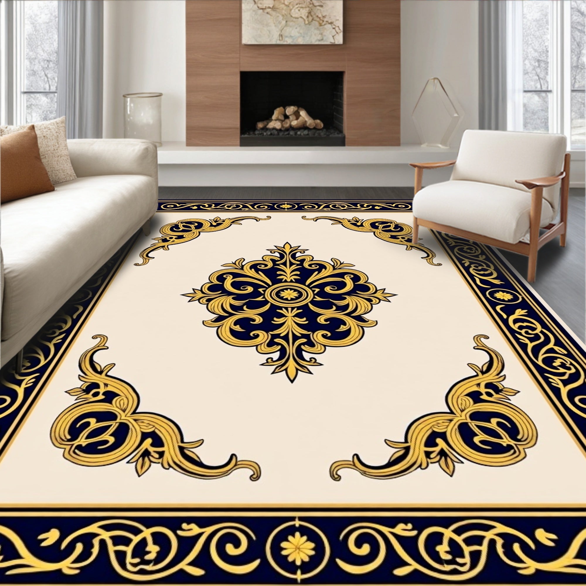 Elegant Gold Blue Scrollwork Design Rug