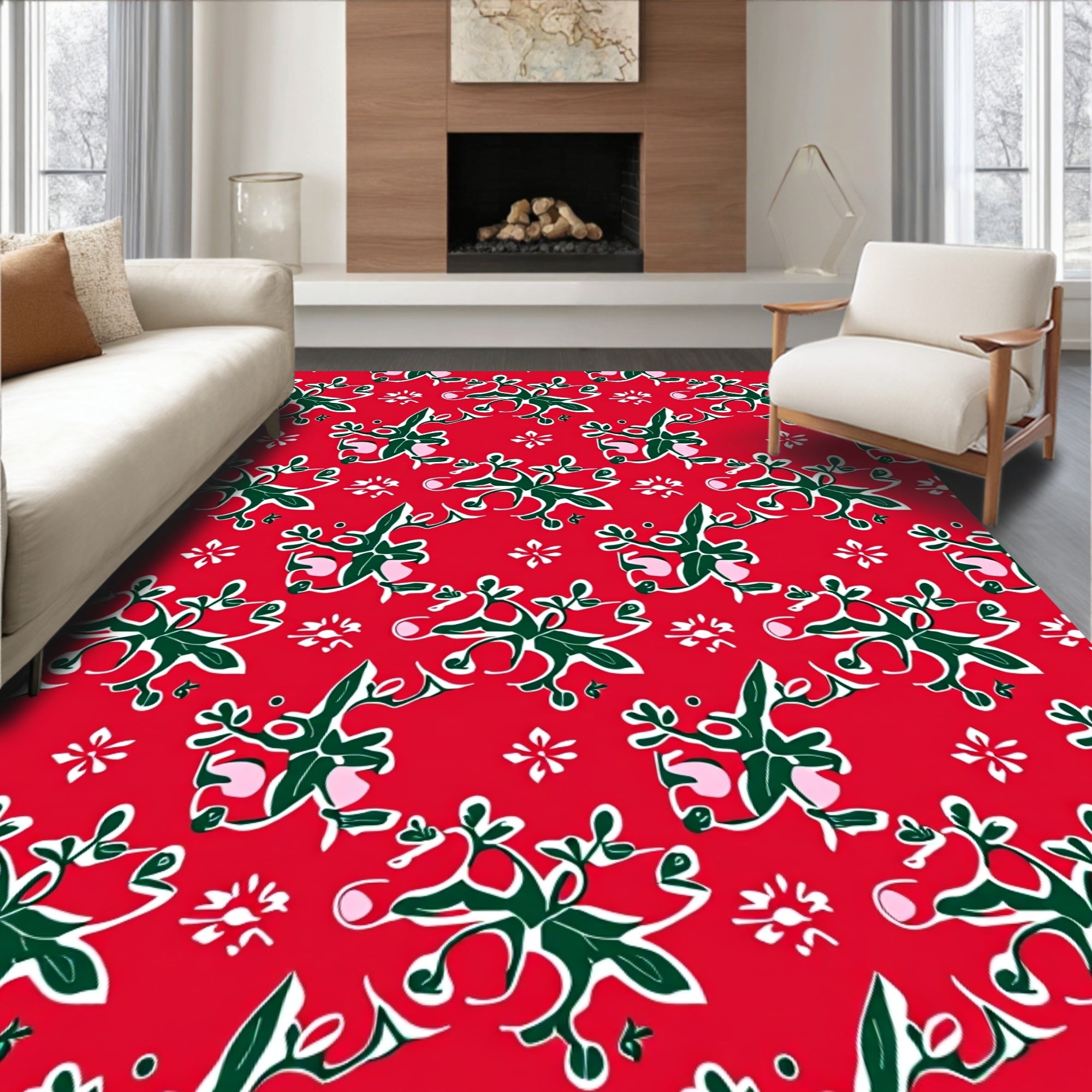 Red Green White Floral Pattern Rug