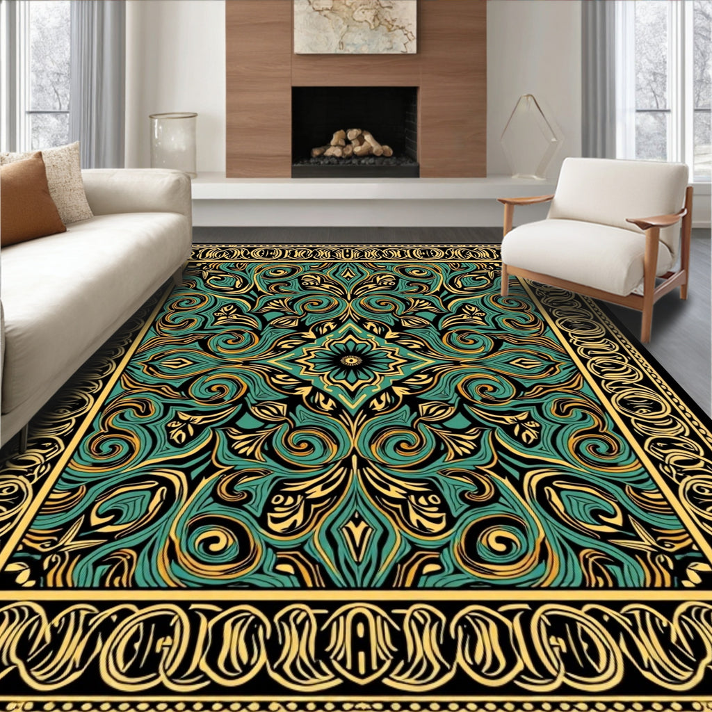 Emerald Gold Intricate Floral Pattern Rug
