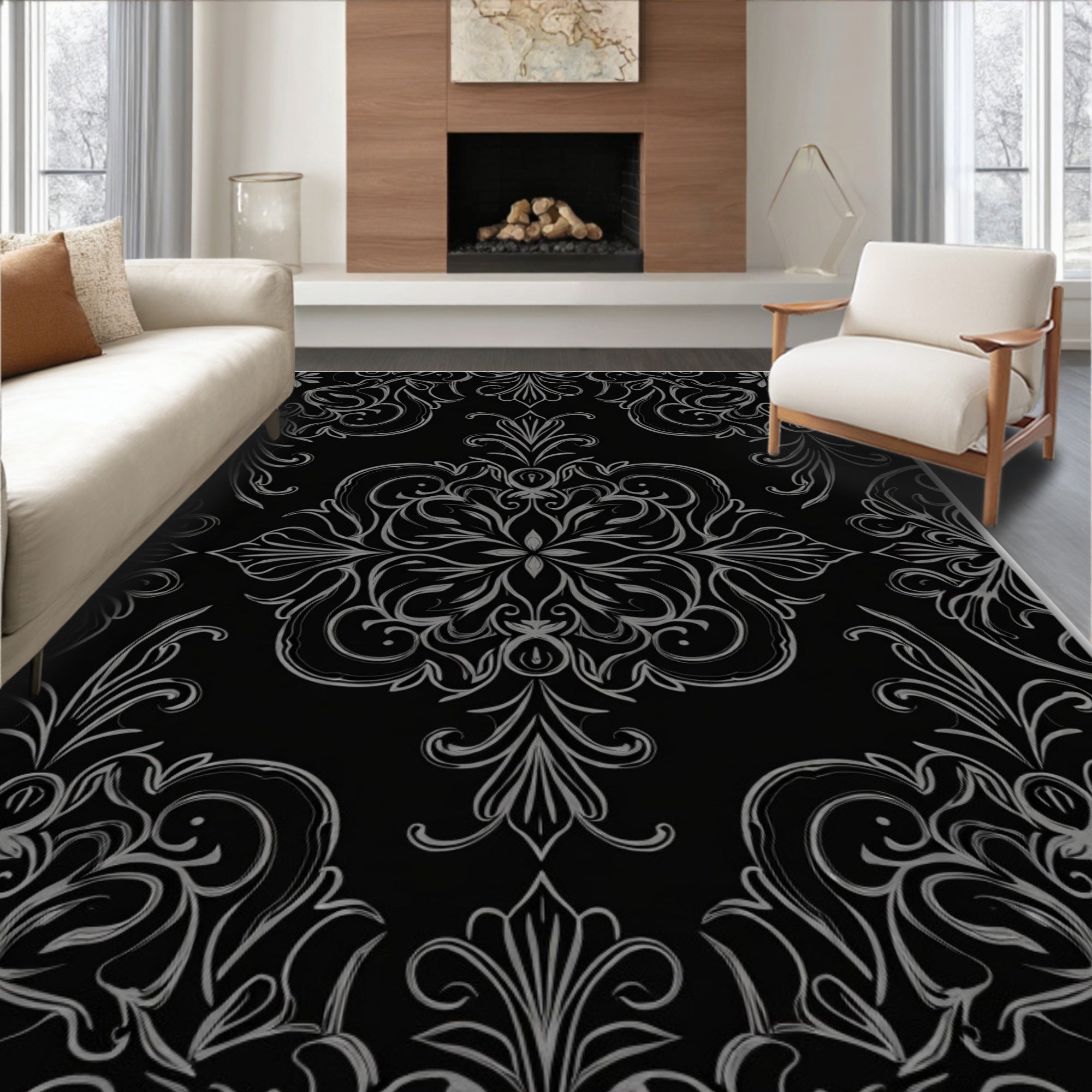 Ornate Gray Floral Damask Pattern Rug