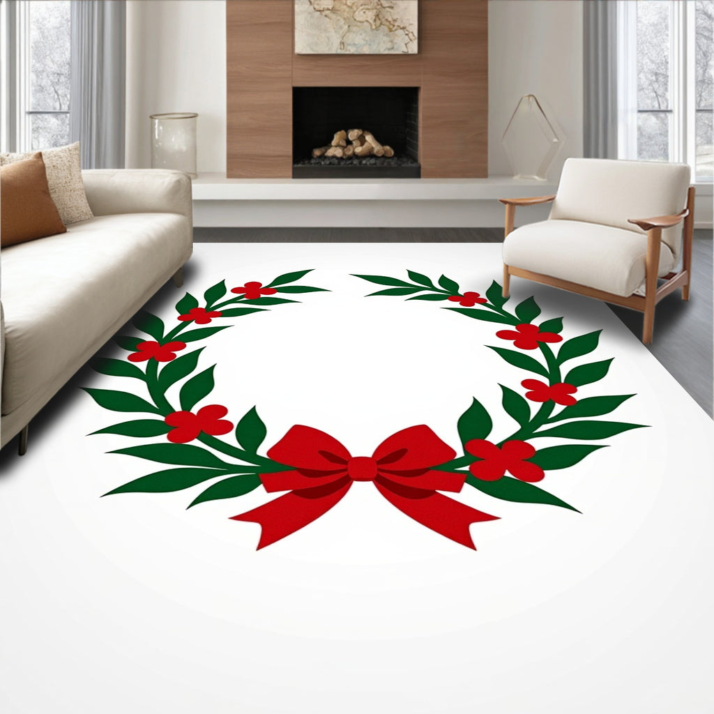 Green Holly Red Berry Festive Wreath Rug