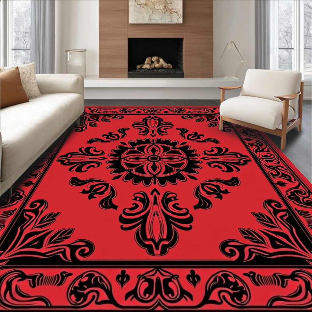 Ornate Floral Black Red Rug