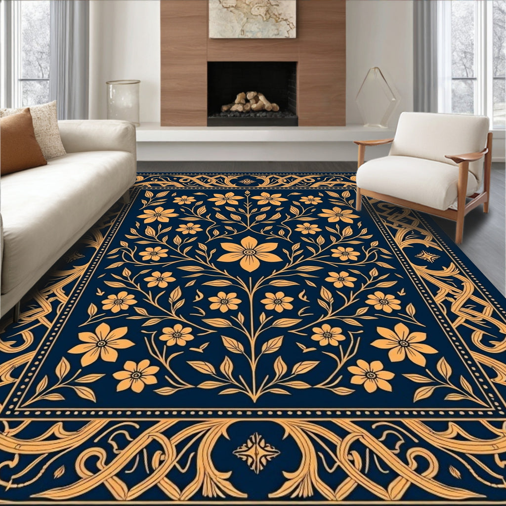 Ornate Floral Vines Dark Blue Rug