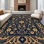 Ornate Floral Vines Dark Blue Rug