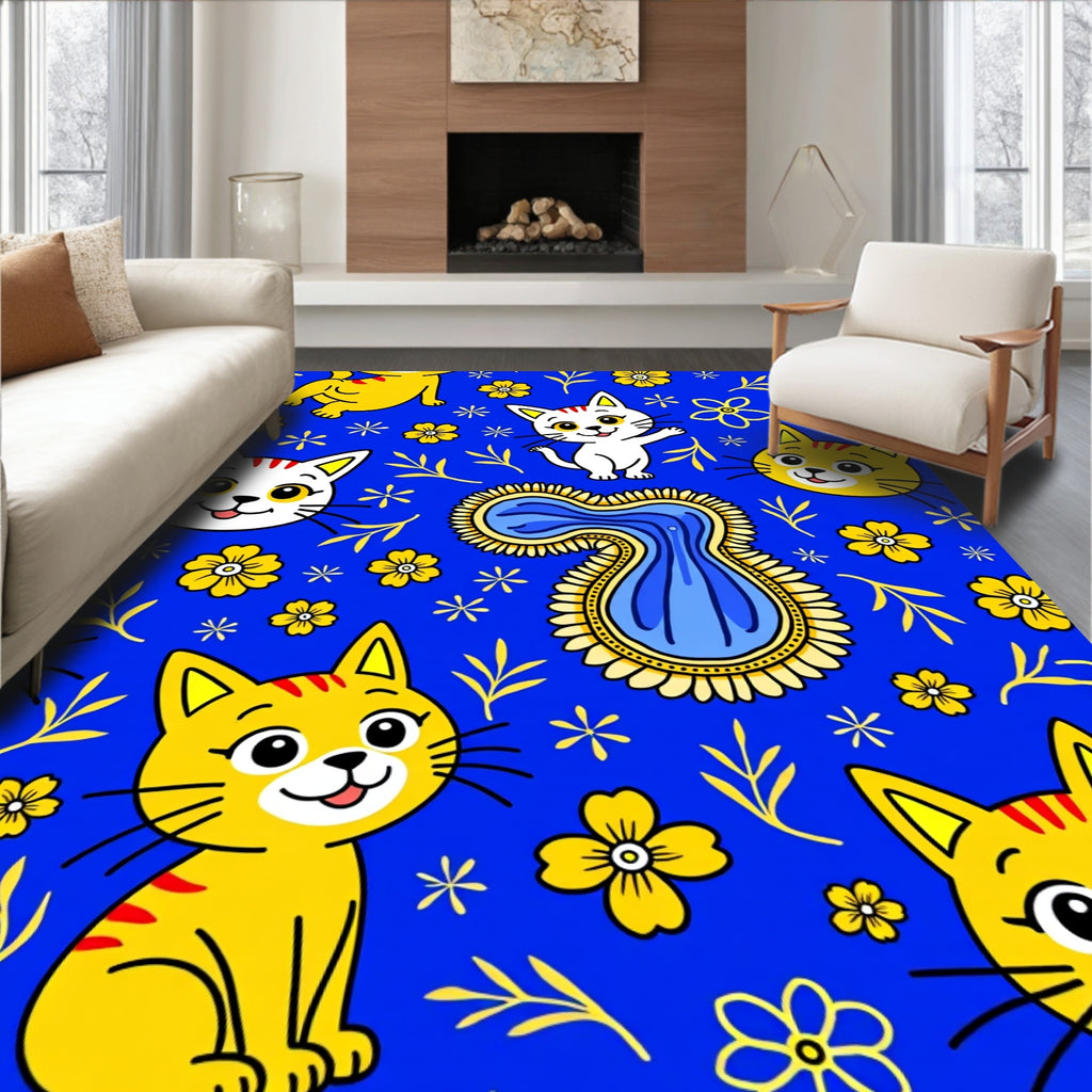 Charming Cats Floral Pattern Rug