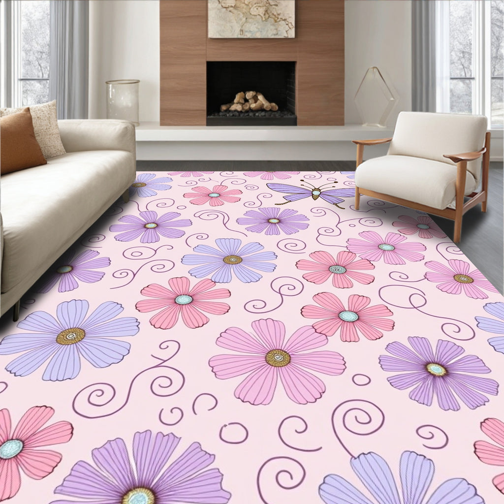 Pastel Floral Butterfly Swirl Design Rug