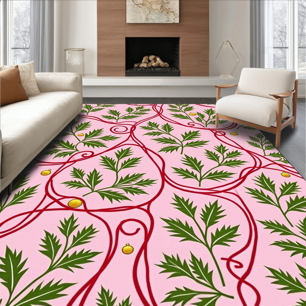 Pink Floral With Red Swirl Pattern Rug
