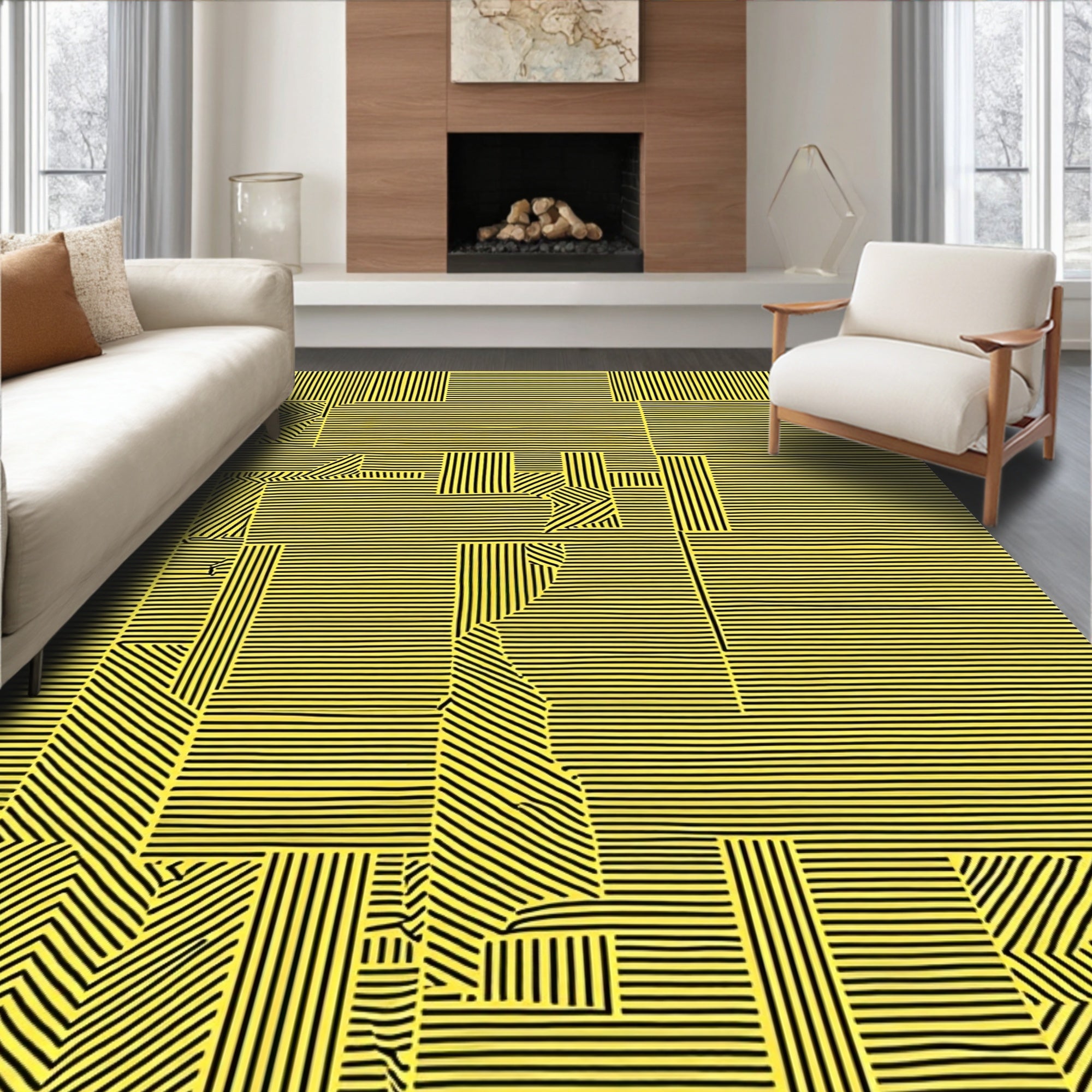 Bold Yellow Black Geometric Lines Rug