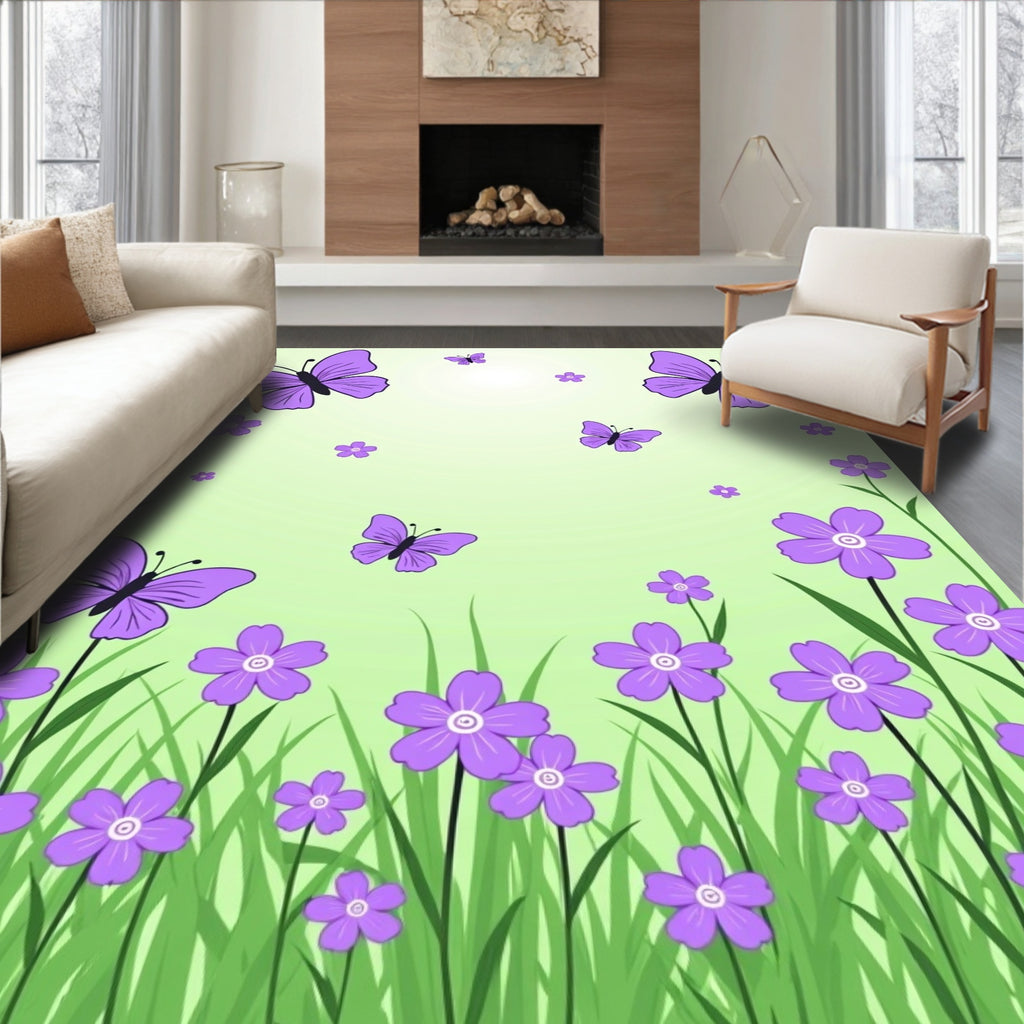 Purple Butterflies Flowers Design Rug