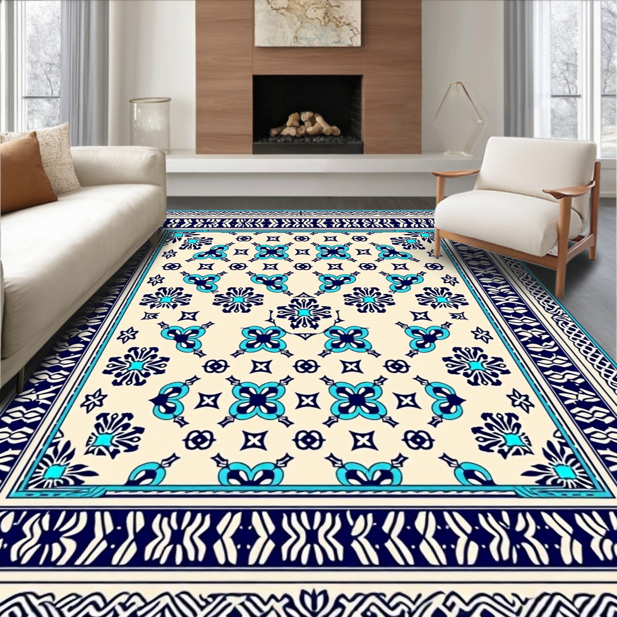 Cream Sky Blue Intricate Floral Pattern Rug