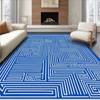 Abstract Blue White Geometric Maze Design Rug