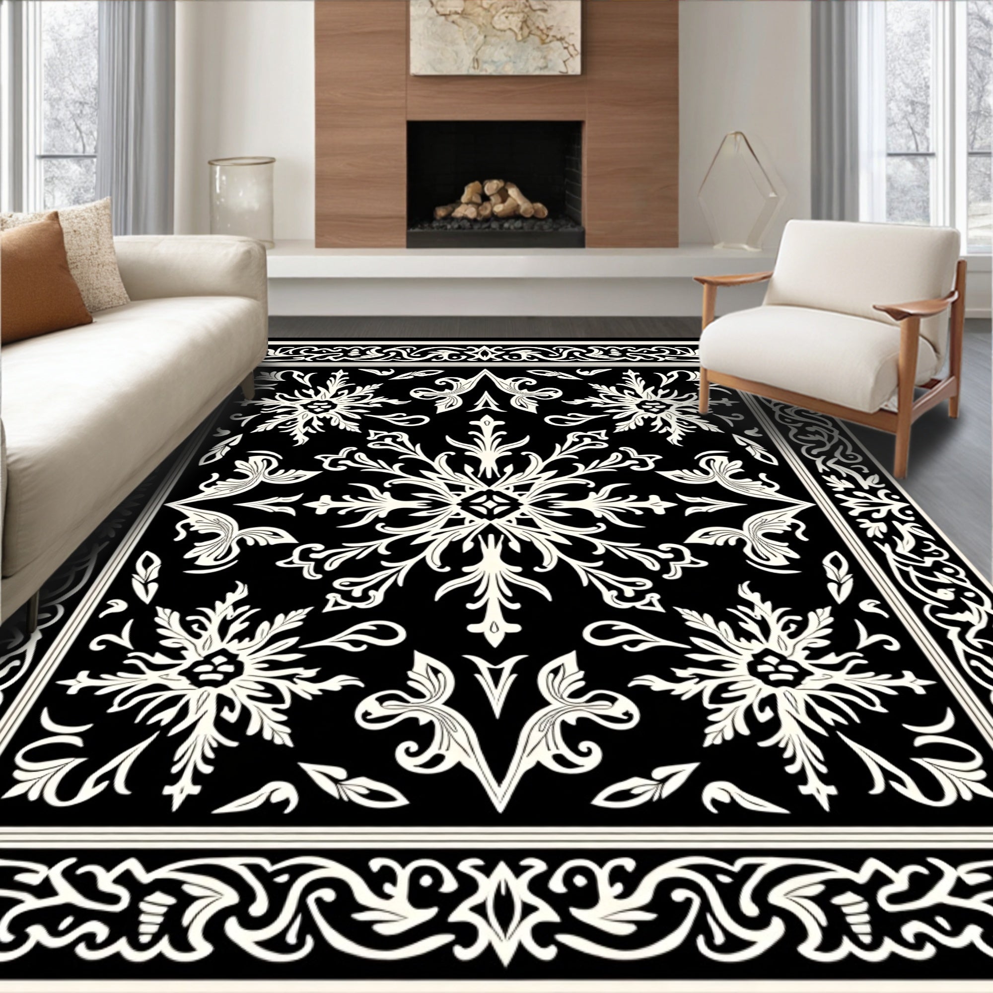 Classic Black Scroll Floral Cream Rug